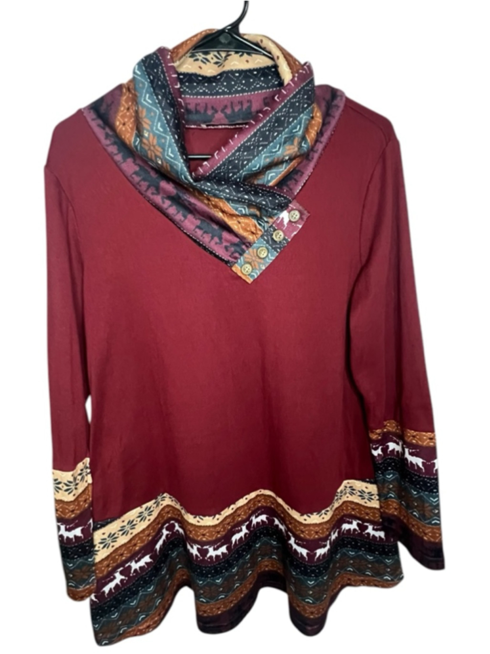 Miusey Burgundy Cowl Neck Aztec Print Long Sleeve Top With Button Detail